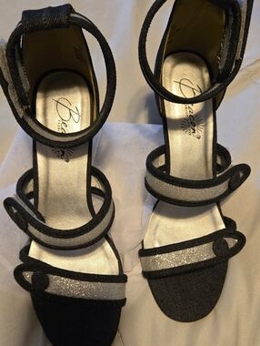 Black and Silver Glitter Multi-Strap Heeled Sandal 3 1/2 Heels.